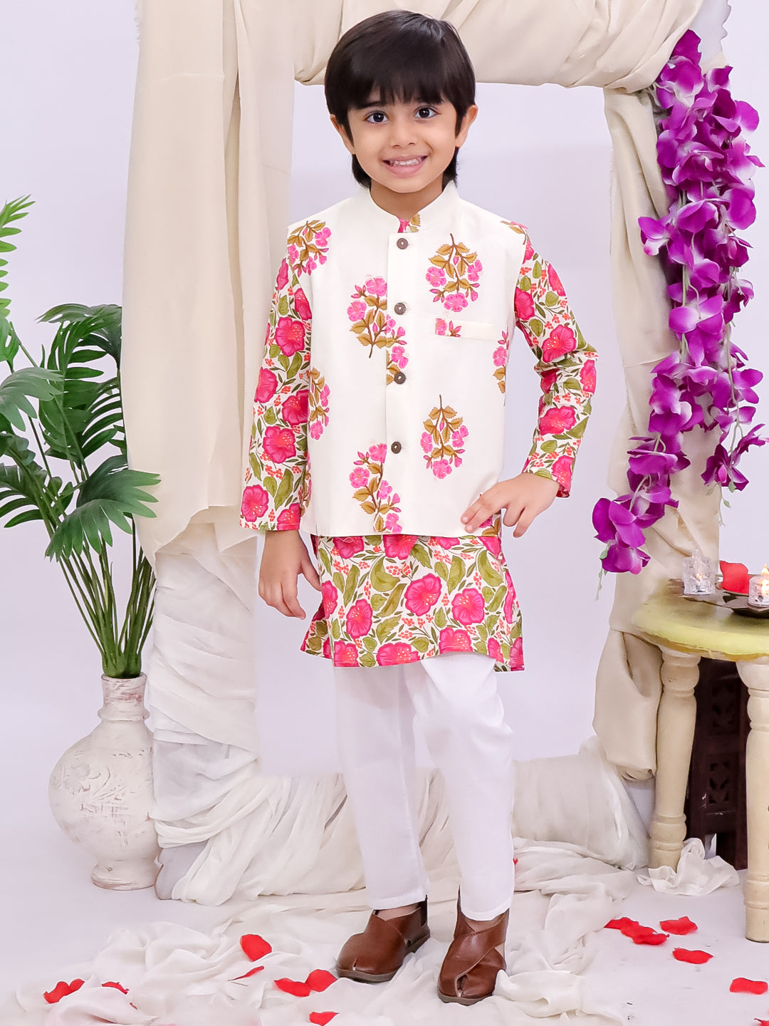 Kid One Floral Printed Kurti Salwar And Dupatta Set With Printed Kurta Pyjama And Jacket Set - Pink