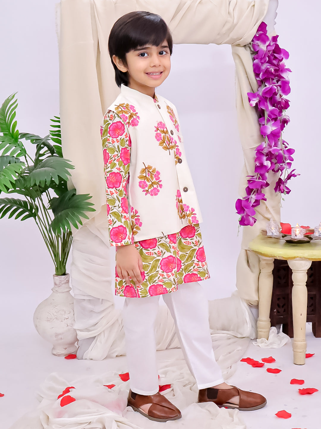 Kid One Phool Bahar Pure Cotton Kurta Pajama With Jacket Set For Boys Pink