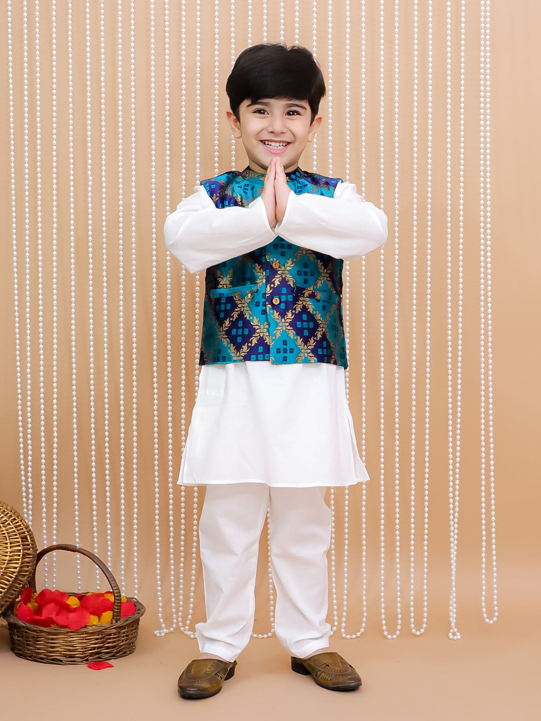 Kid One Bandhani Bundi Jacket With Kurta Pyjama Set For Boys Green