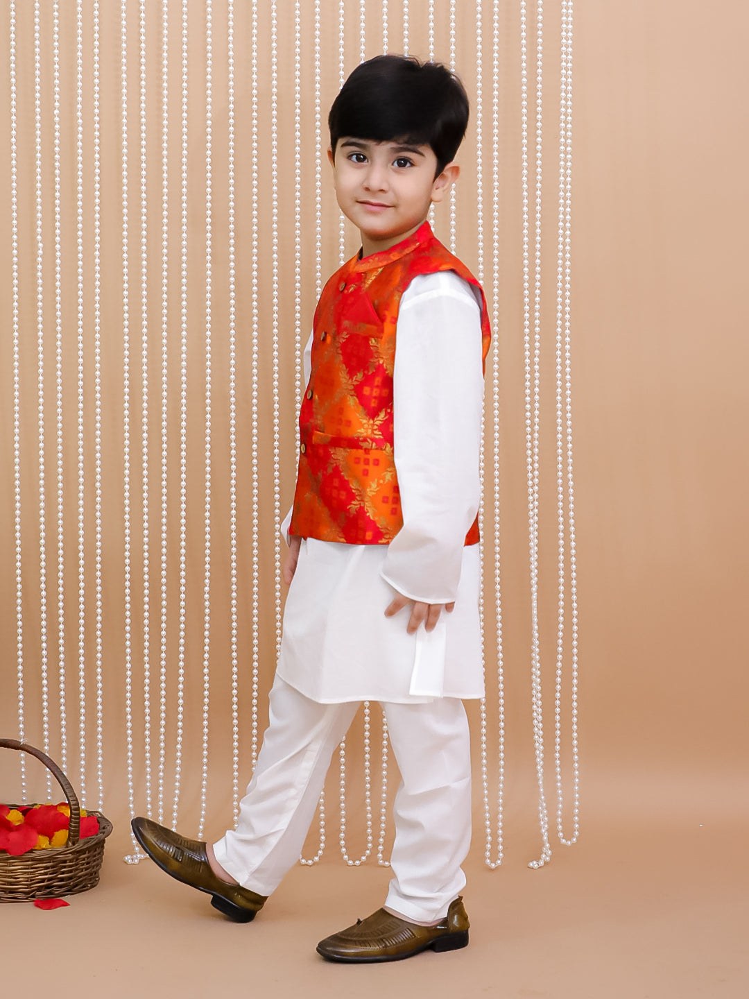 Kid One Bandhani Bundi Jacket With Kurta Pyjama Set For Boys Orange