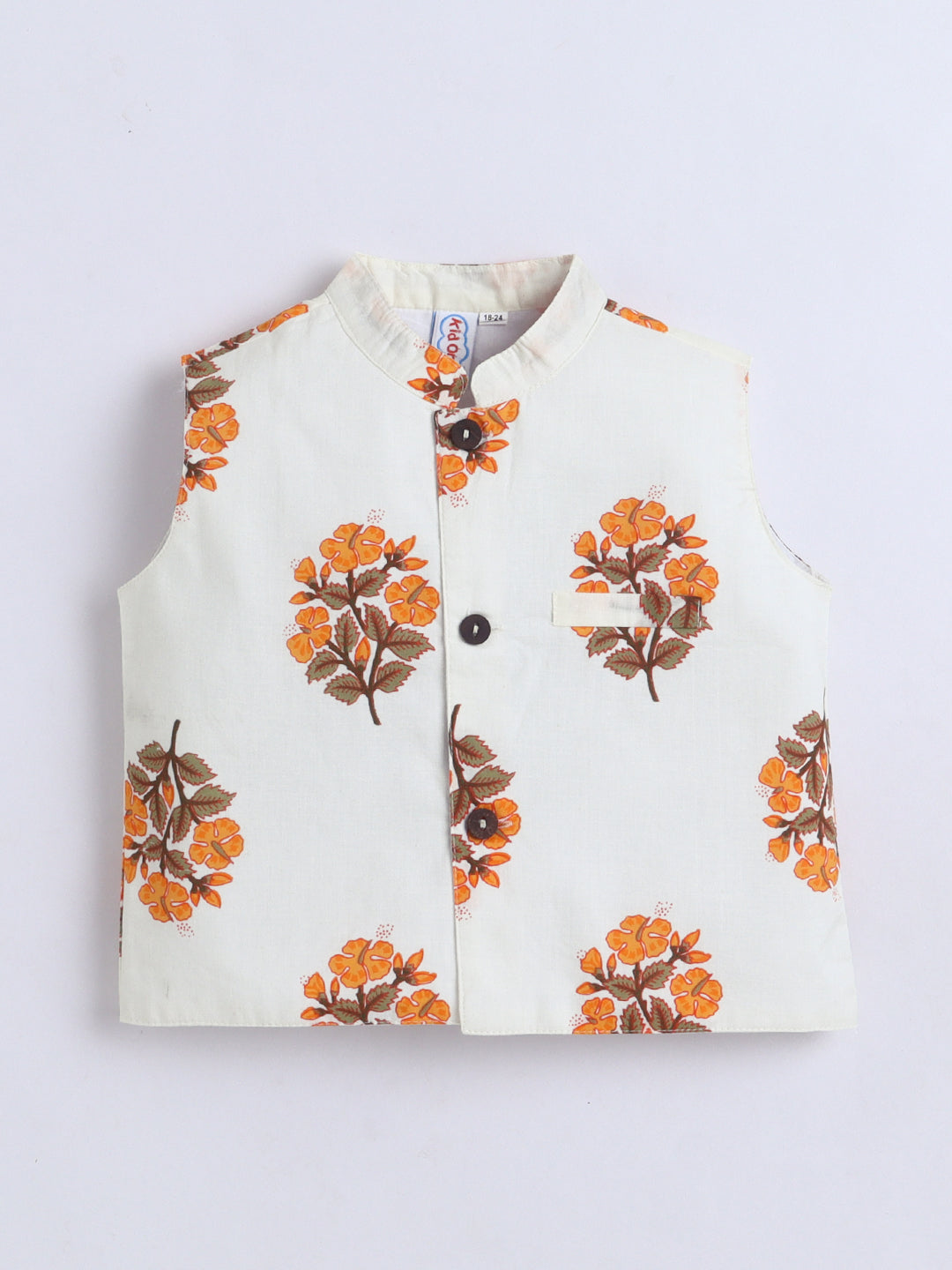 Kid One Infants Phool Bahar Pure Cotton Kurta Pajama With Jacket Set For Boys Orange