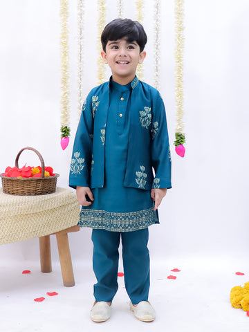 Kid One Block Print Kurta Pyjama With Jacket Set For Boys Blue