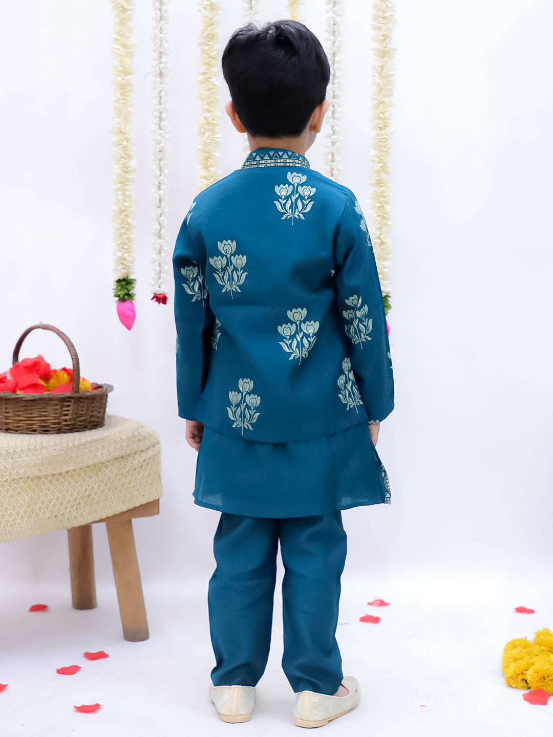 Kid One Block Print Anarkali Pant With Dupatta For Girls With Block Print Kurta Pyjama With Jacket Set For Boys Blue