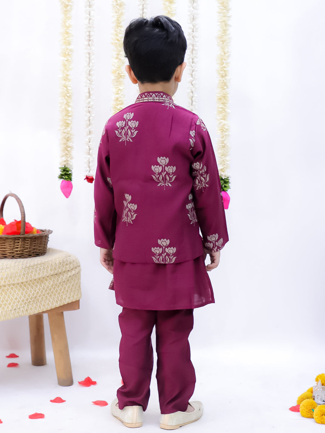 Kid One Block Print Anarkali Pant With Dupatta For Girls With Block Print Kurta Pyjama With Jacket Set For Boys Wine