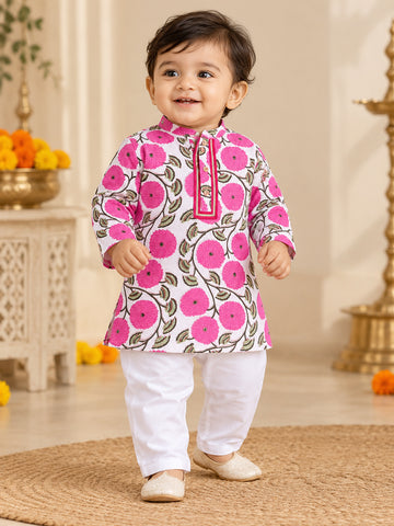 Kid One Floral Print Kurta Pyjama Set For Boys Pink