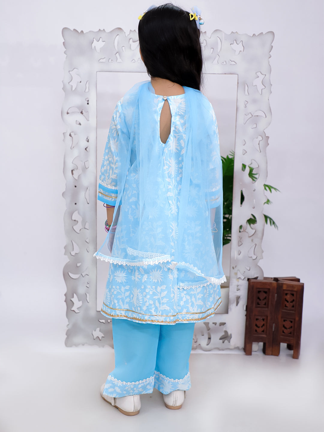 Kid One Floral Printed Kurti Palazzo With Dupatta For Girls Blue