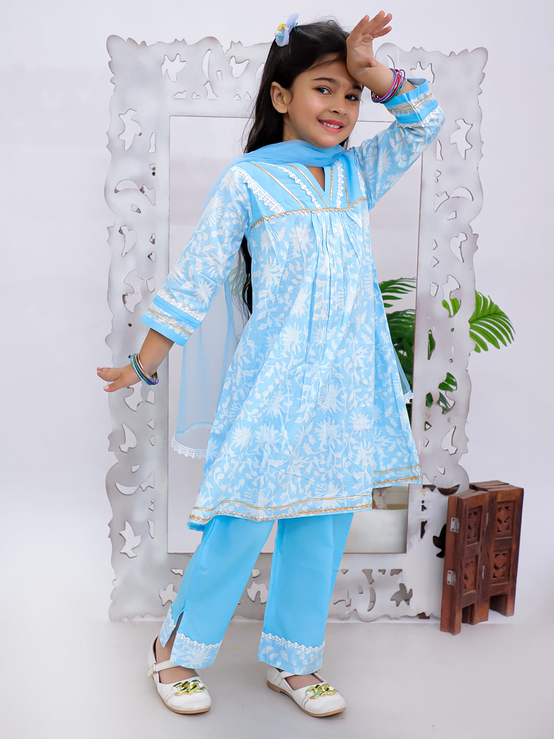 Kid One Floral Printed Kurti Palazzo With Dupatta For Girls Blue
