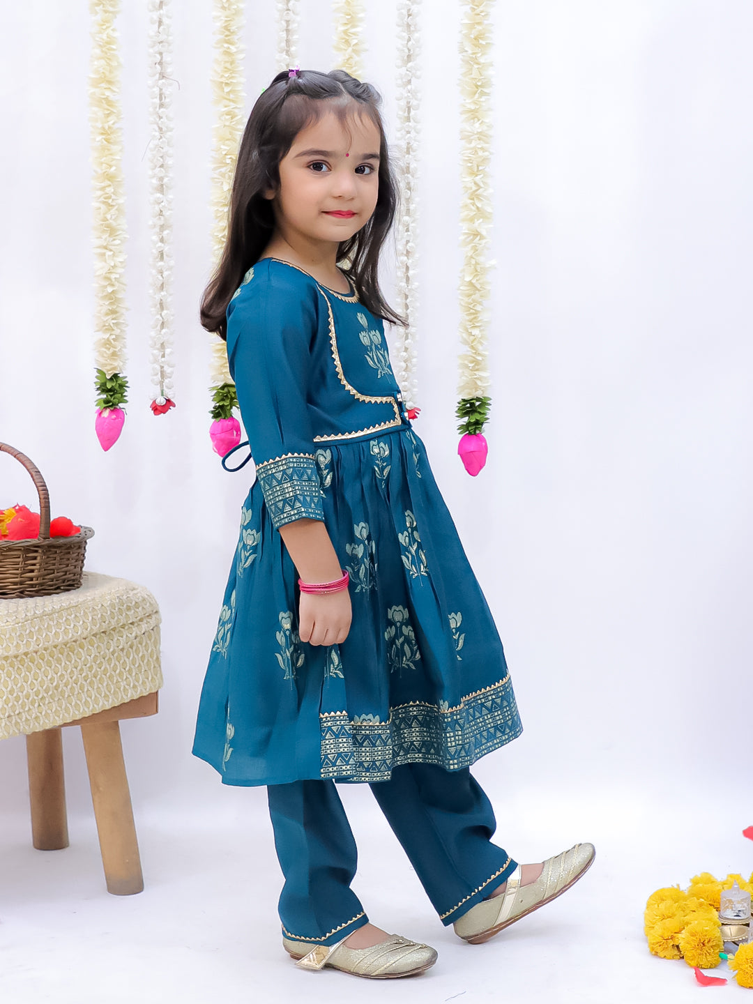 Kid One Block Print Anarkali Pant With Dupatta For Girls Blue