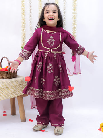 Kid One Block Print Anarkali Pant With Dupatta For Girls Wine