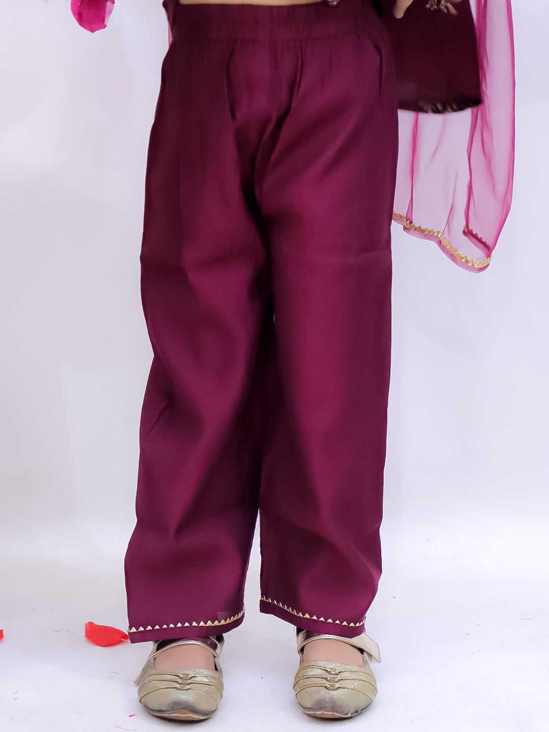 Kid One Block Print Anarkali Pant With Dupatta For Girls Wine
