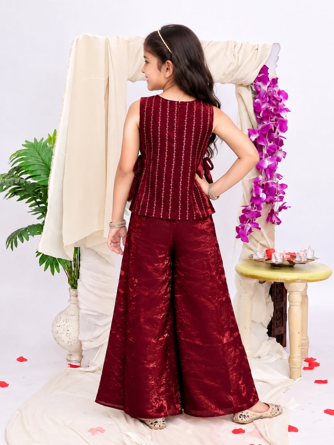 Kid One Mehreen Royal Silk Zari Embroidery Top Palazzo Set For Girls Brown