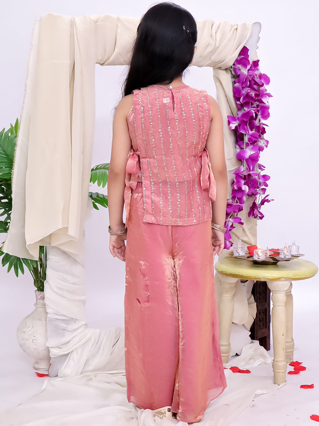 Kid One Royal Silk Zari Embroidery Mehreen Top Plazzo Set For Girls Pink