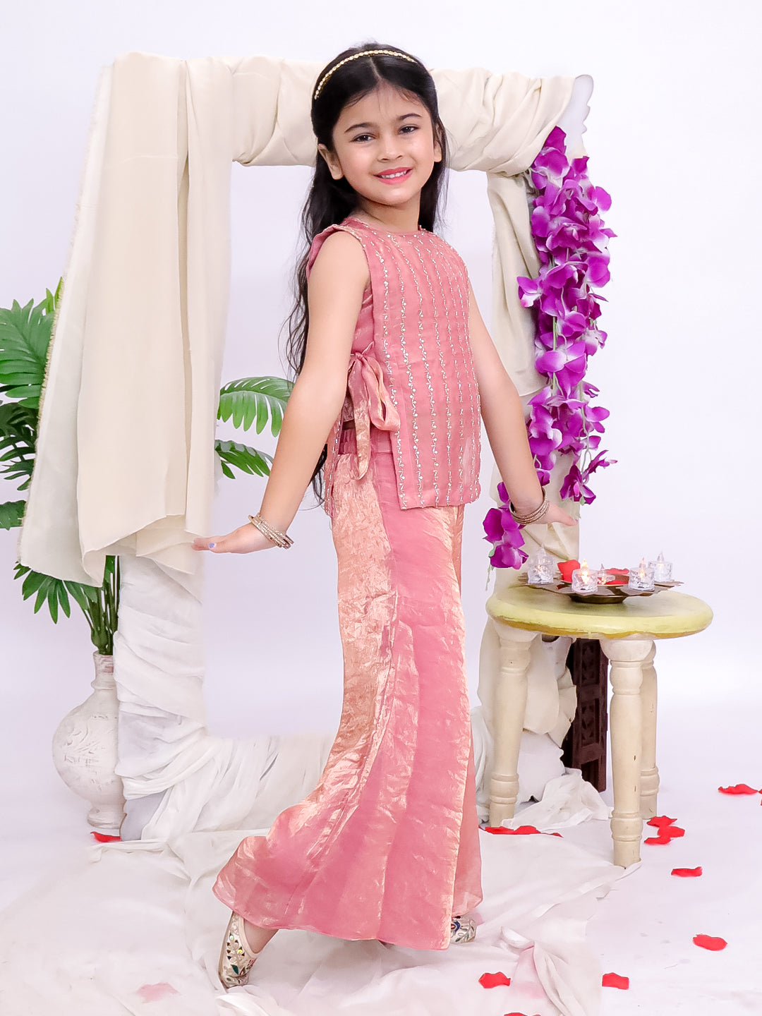 Kid One Royal Silk Zari Embroidery Mehreen Top Plazzo Set For Girls Pink