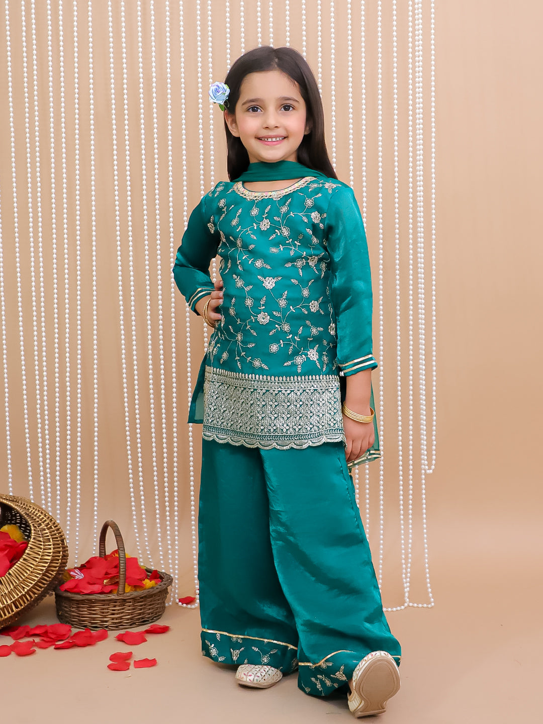 Kid One Royal Silk Zari Embroidered Kurti Plazzo With Dupatta Set For Girls Green