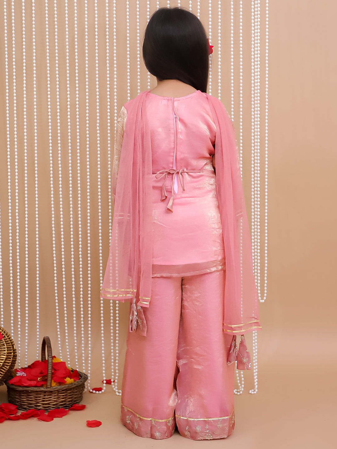 Kid One Royal Silk Zari Embroidered Kurti Plazzo With Dupatta Set For Girls Pink