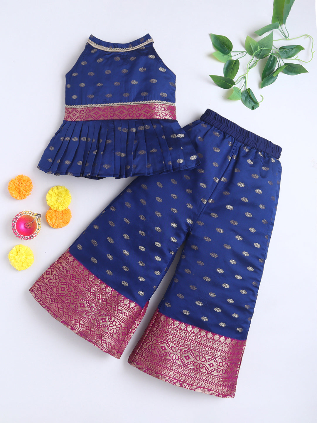 Kid One Woven Peplum Top With Palazzo Set For Girls Navy