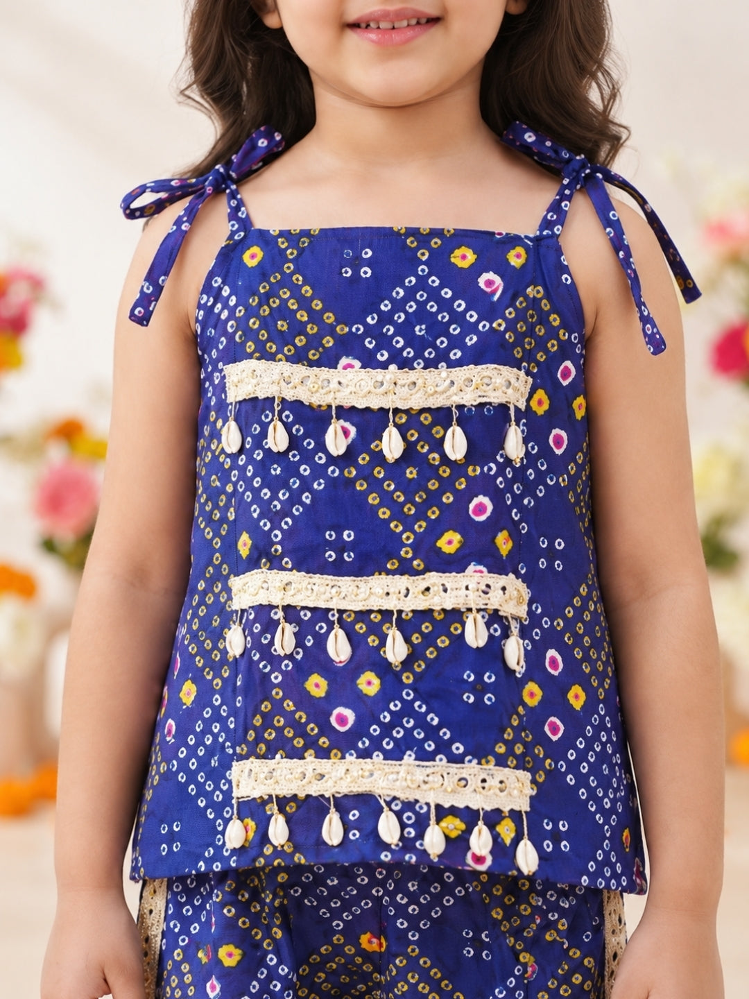 Kid One Bandhani Print Cotton Co-ord Set For Girls With Bandhej Print Cotton Kurta With Pyjama Set For Boys Blue