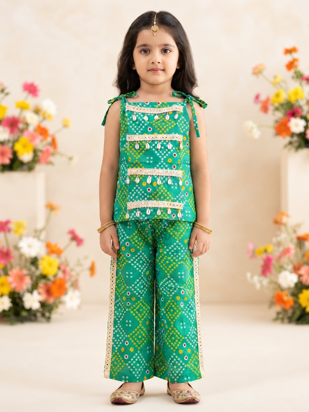 Kid One Bandhani Print Cotton Co-ord Set For Girls With Bandhej Print Cotton Kurta With Pyjama Set For Boys Green
