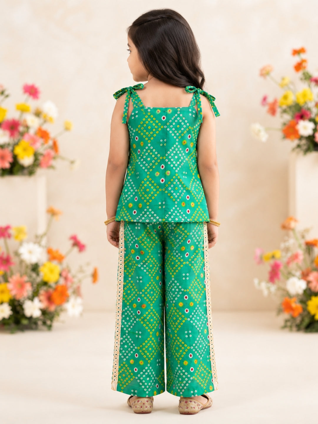 Kid One Bandhani Print Cotton Co-ord Set For Girls With Bandhej Print Cotton Kurta With Pyjama Set For Boys Green