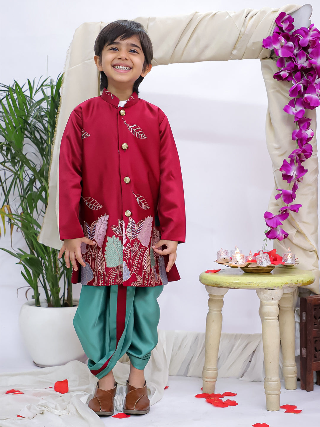 Kid One Poly Silk Embroidered Nawab Sherwani Dhoti Set For Boys Maroon