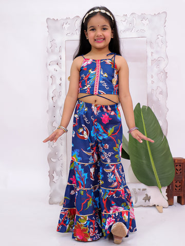 Kid One Sleeveless Floral Print Crop Top With Sharara Set For Girls Blue