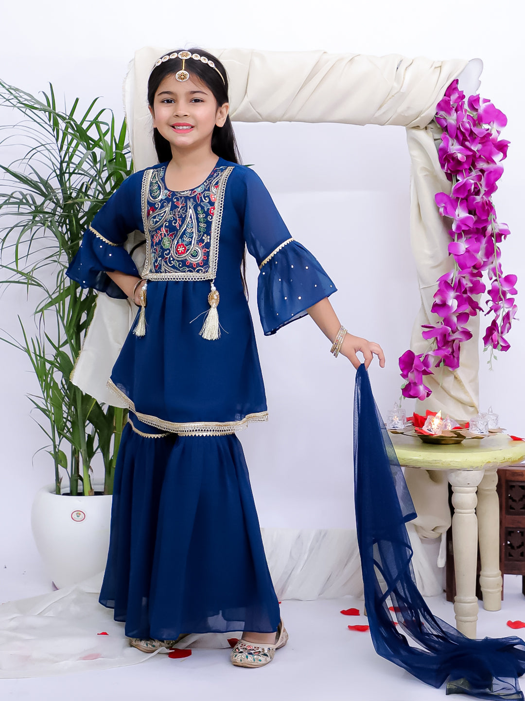 Kid One Ruhani Embroidered Kurti Sharara With Dupatta For Girls Blue