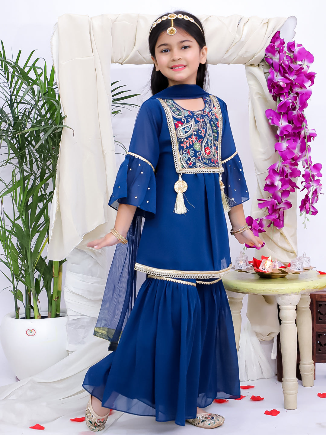Kid One Ruhani Embroidered Kurti Sharara With Dupatta For Girls Blue