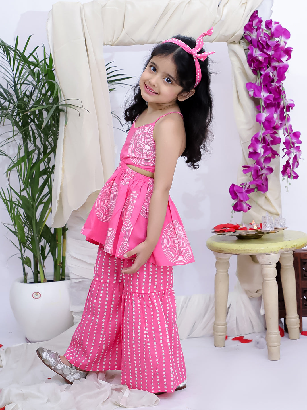 Kid One Sleeveless Printed Cotton Kurta Sharara With Headband Set For Girls Pink