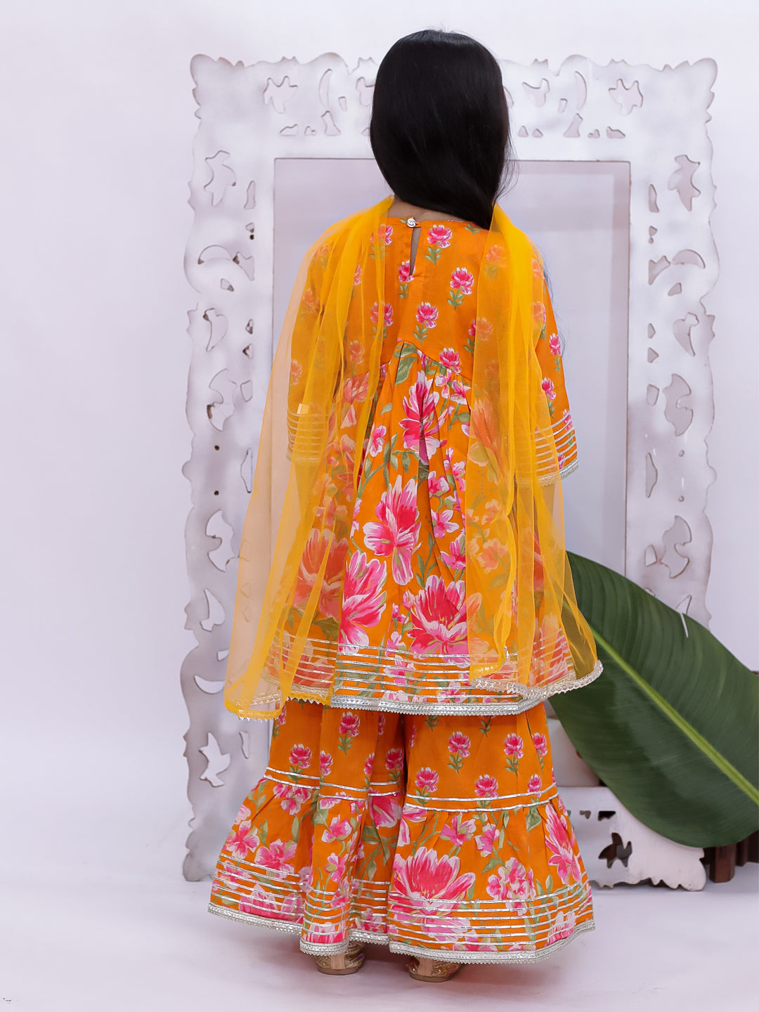 Kid One Full Sleeves Gota Work Floral Printed Kurta Sharara With Dupatta Set For Girls Orange