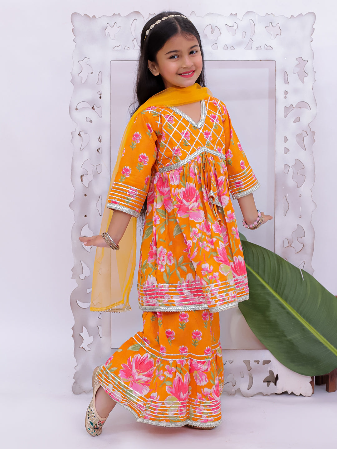 Kid One Full Sleeves Gota Work Floral Printed Kurta Sharara With Dupatta Set For Girls Orange