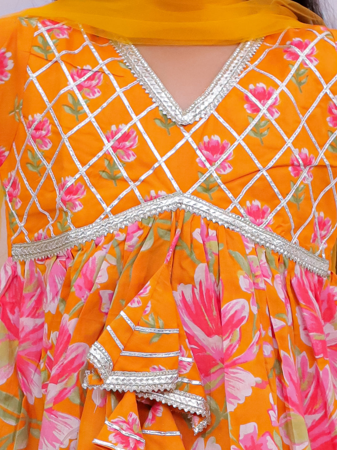 Kid One Full Sleeves Gota Work Floral Printed Kurta Sharara With Dupatta Set For Girls Orange