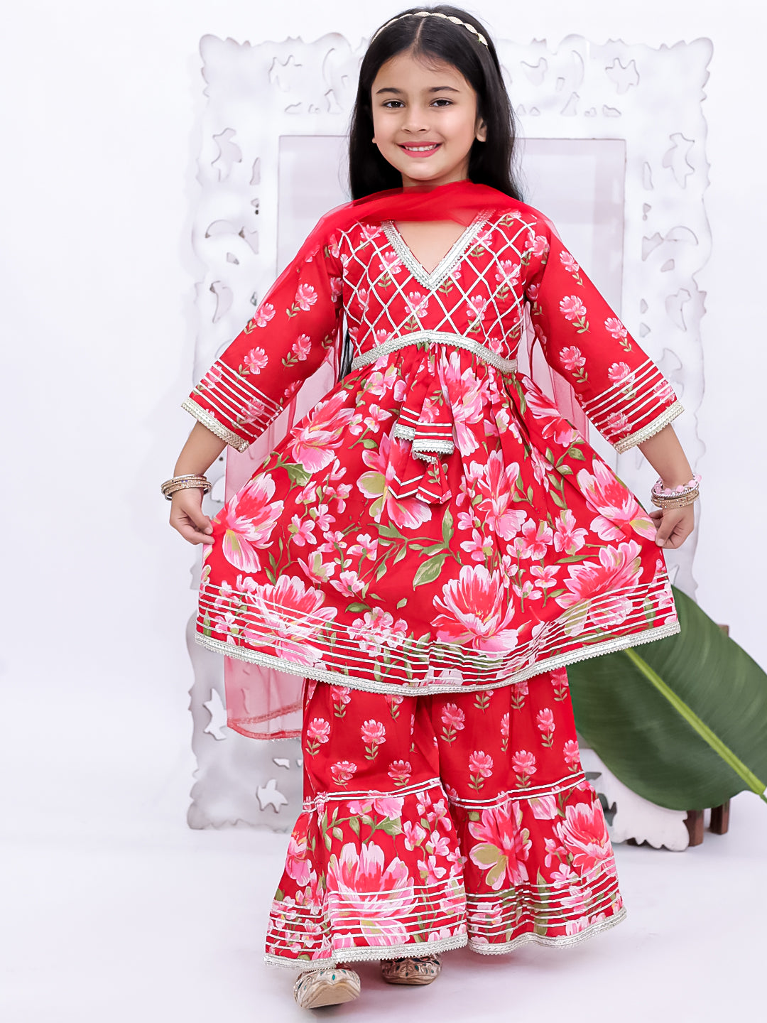Kid One Full Sleeves Gota Work Floral Printed Kurta Sharara With Dupatta Set For Girls Red