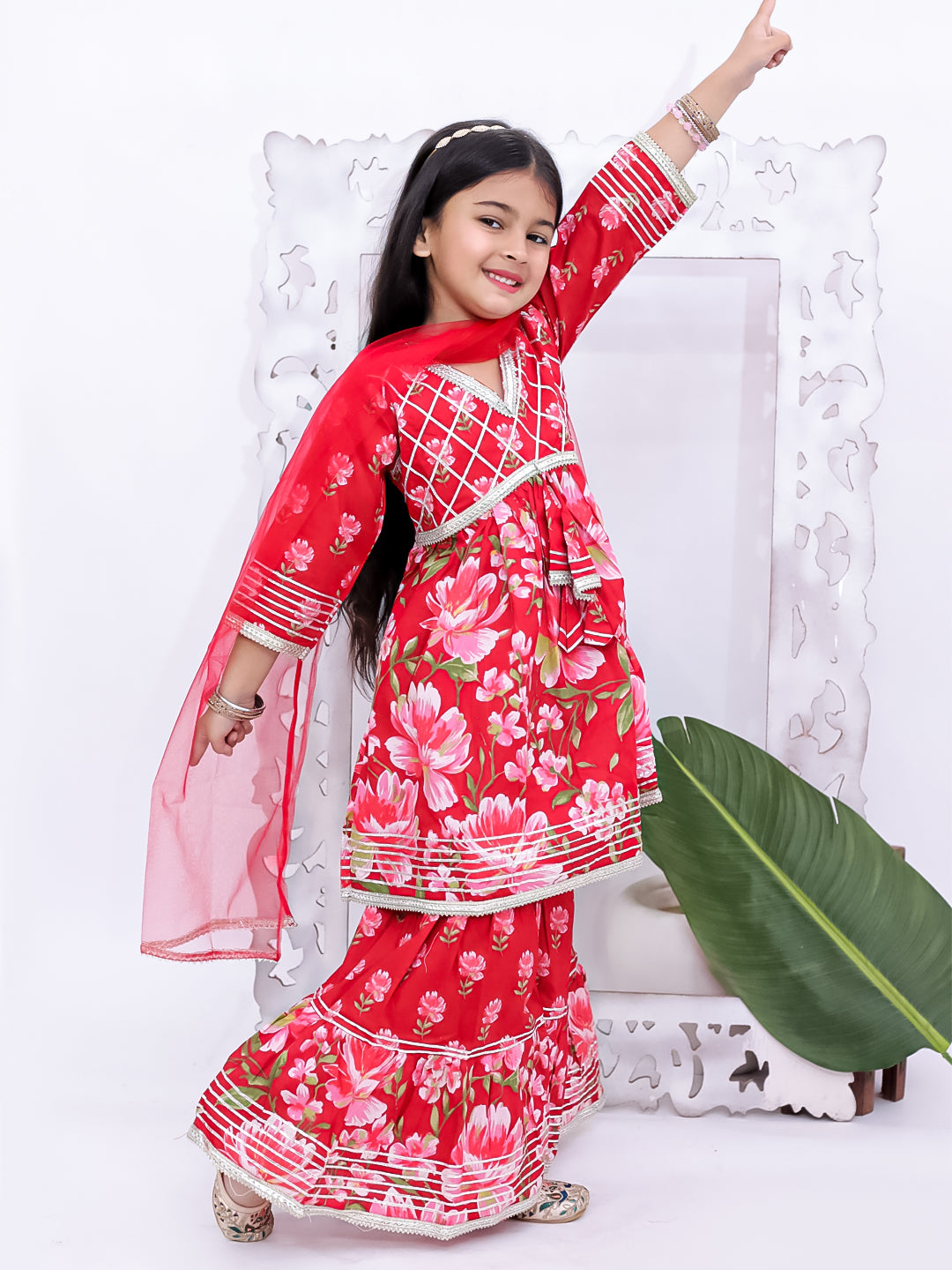 Kid One Full Sleeves Gota Work Floral Printed Kurta Sharara With Dupatta Set For Girls Red