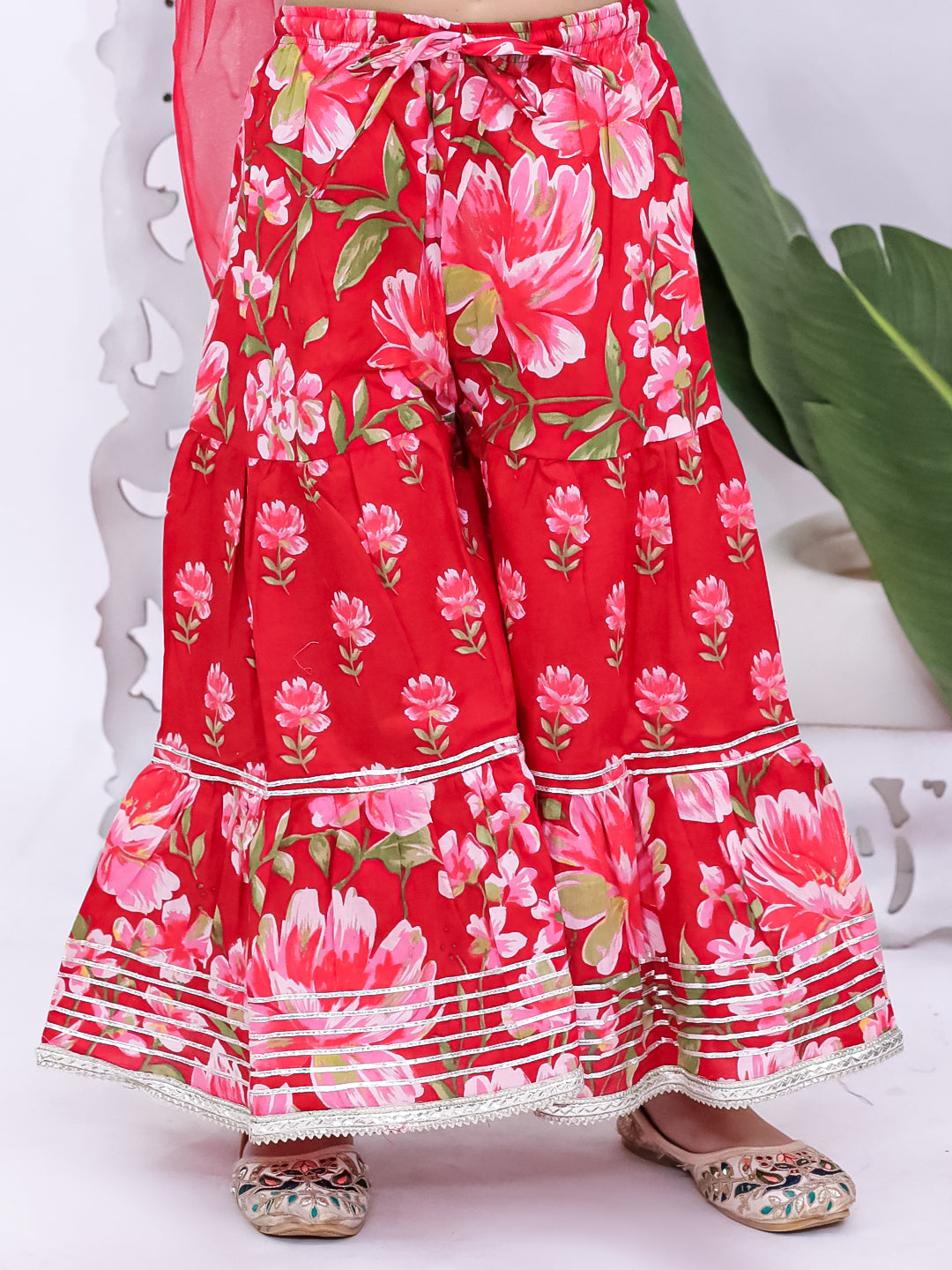 Kid One Full Sleeves Gota Work Floral Printed Kurta Sharara With Dupatta Set For Girls Red