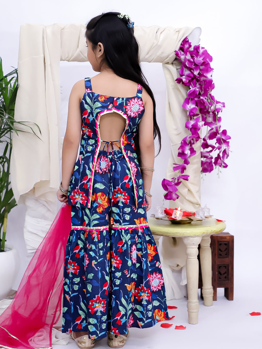 Kid One Backless Printed Kurti Sharara With Dupatta Set For Girls Navy