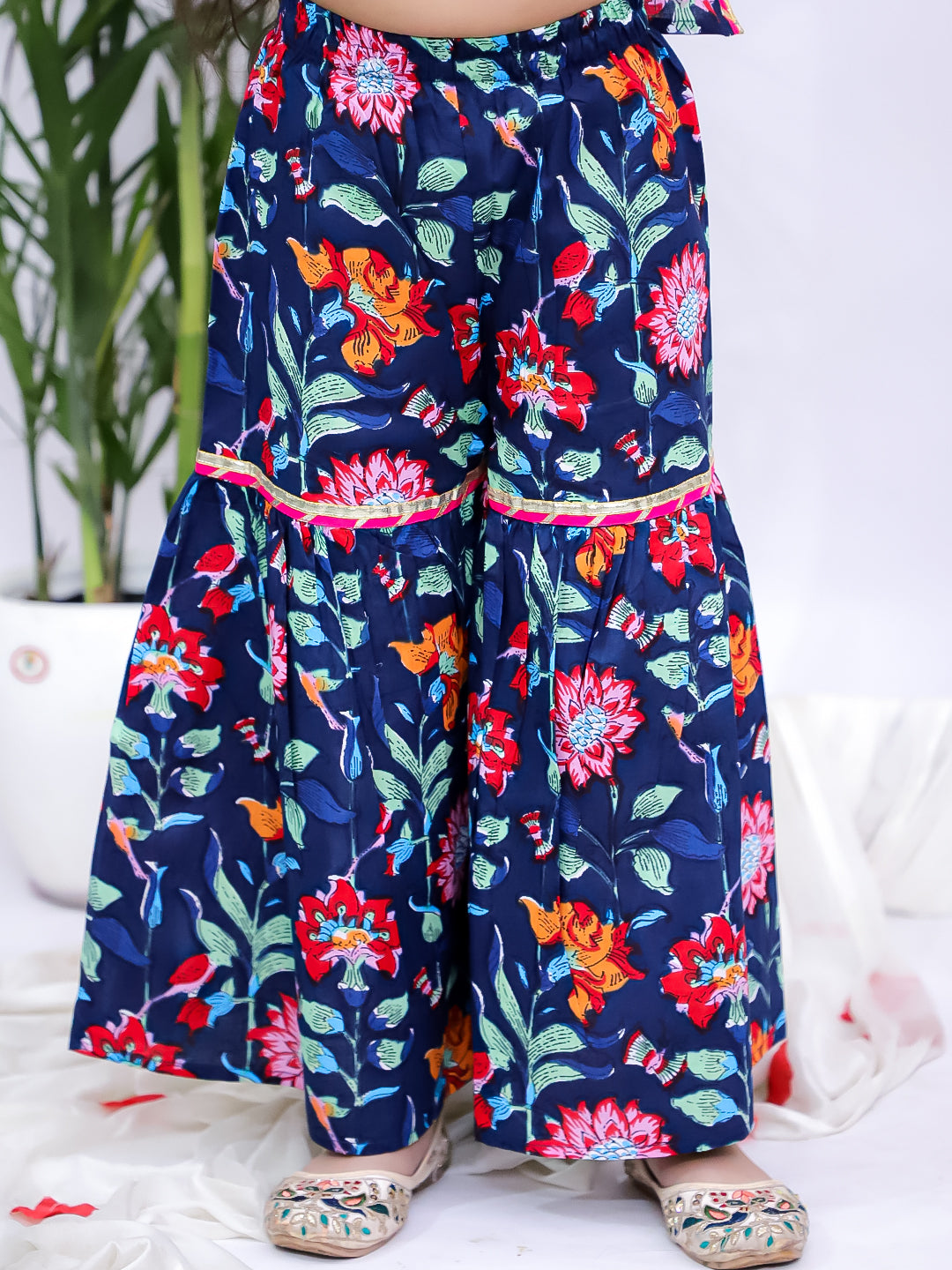 Kid One Backless Printed Kurti Sharara With Dupatta Set For Girls Navy