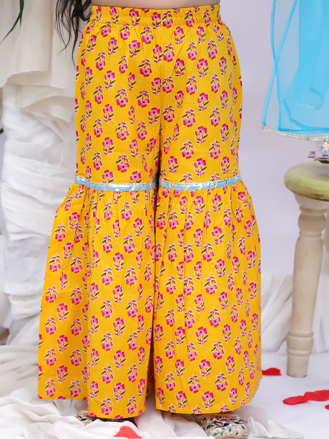 Kid One Backless Printed Kurti Sharara With Dupatta Set For Girls Yellow