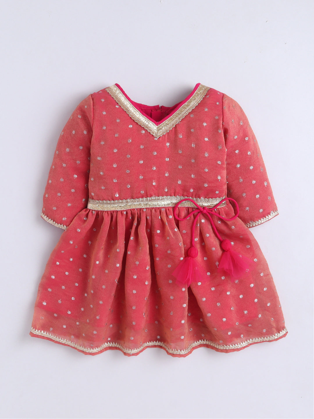 Kid One Woven Full Sleeves Flared Kurti Sharara With Dupatta Set For Girls Peach