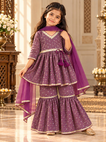 Kid One Woven Full Sleeves Flared Kurti Sharara With Dupatta Set For Girls Purple