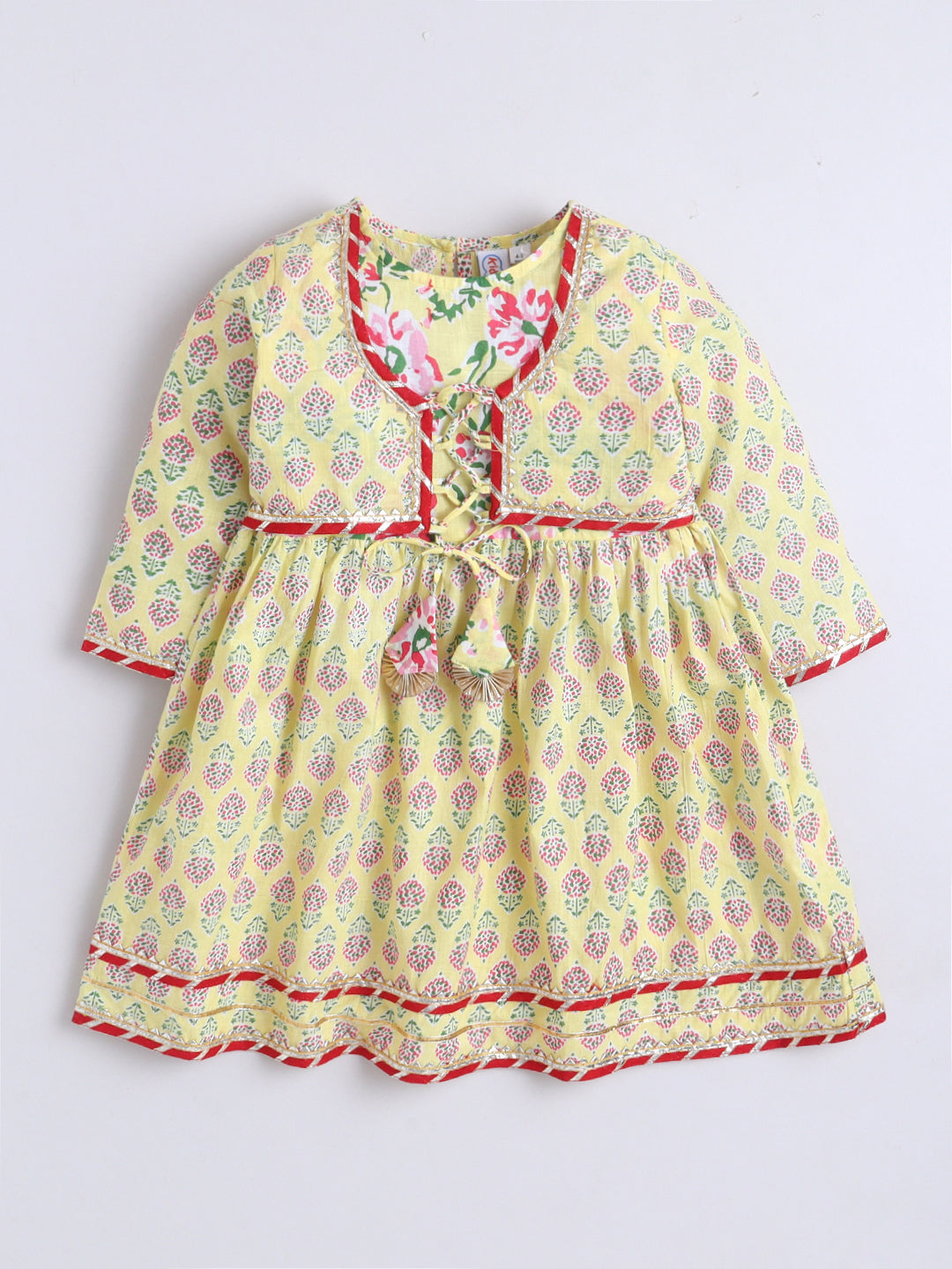 Kid One Floral Full Sleeves Cotton Kurti Sharara With Dupatta Set For Girls Lemon Yellow