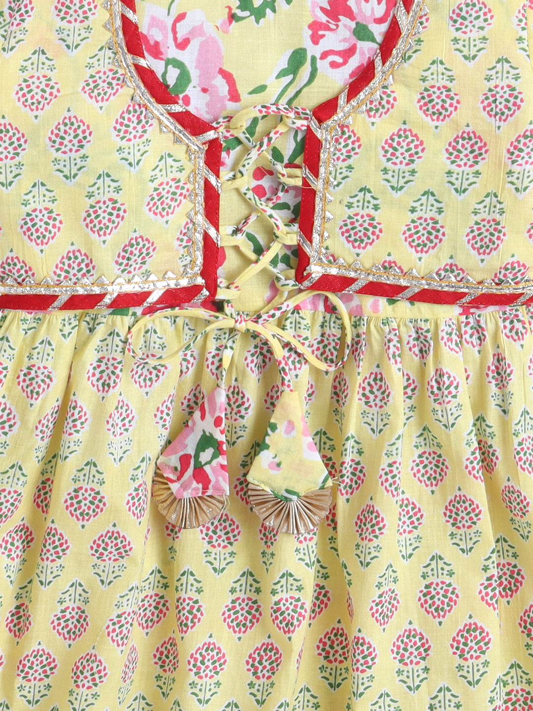 Kid One Floral Full Sleeves Cotton Kurti Sharara With Dupatta Set For Girls Lemon Yellow