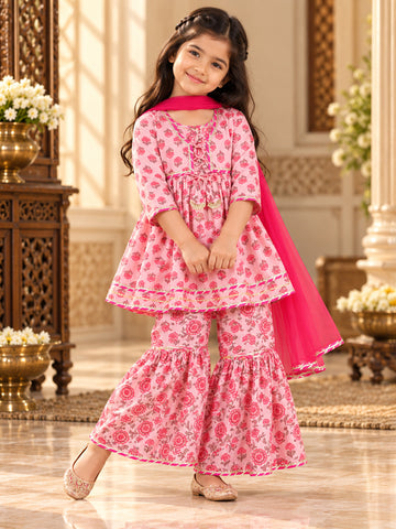 Kid One Floral Full Sleeves Cotton Kurti Sharara With Dupatta Set For Girls Pink