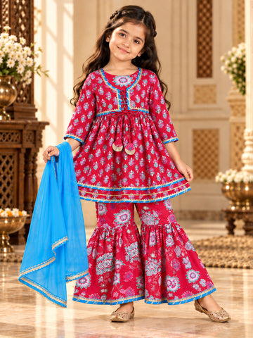 Kid One Floral Full Sleeves Cotton Kurti Sharara With Dupatta Set For Girls Rani Pink