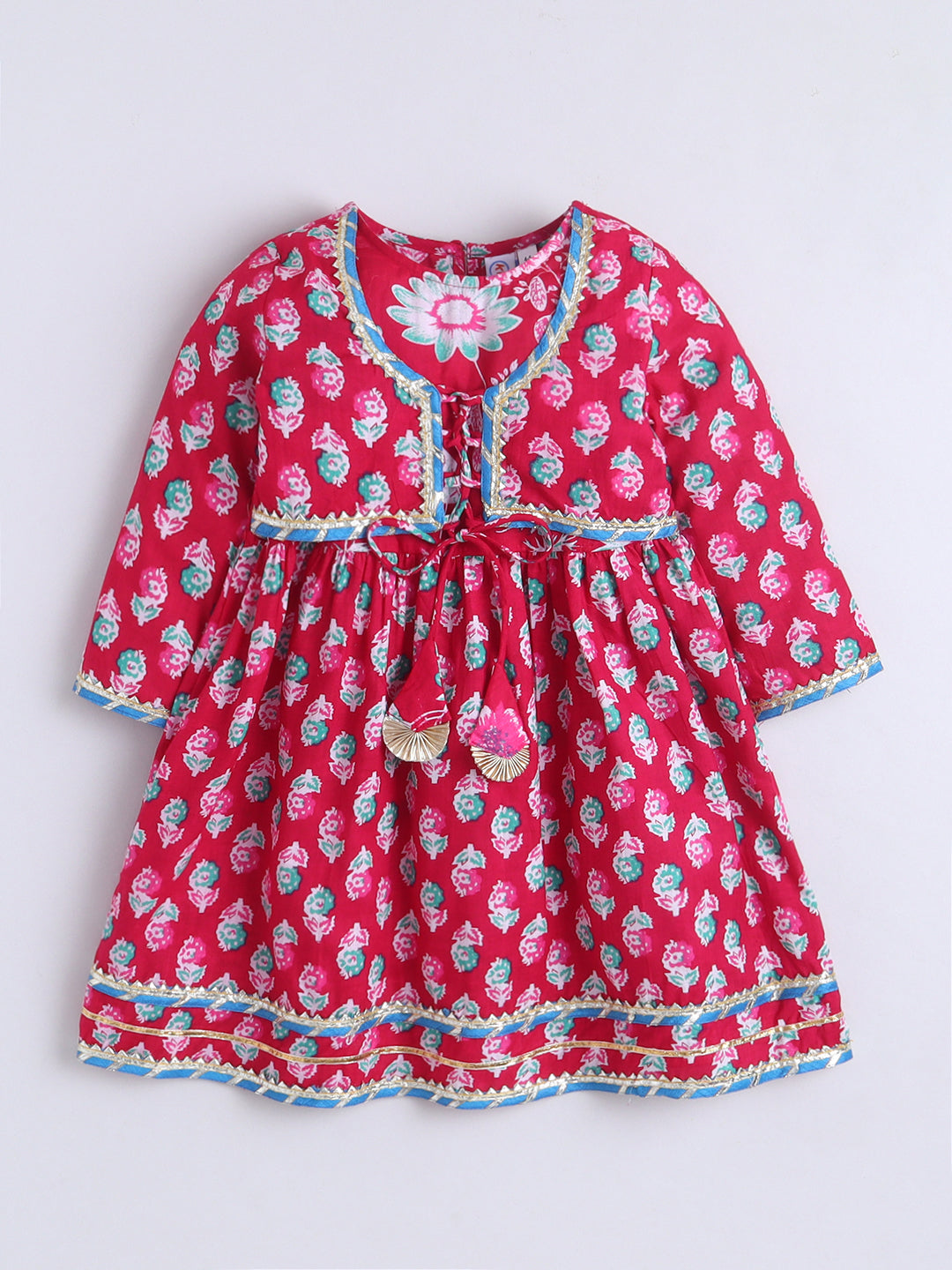 Kid One Floral Full Sleeves Cotton Kurti Sharara With Dupatta Set For Girls Rani Pink
