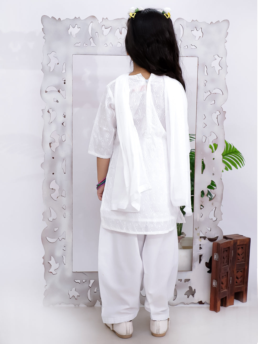 Kid One Chikankari Work Kurti Salwar With Dupatta Set For Girls White