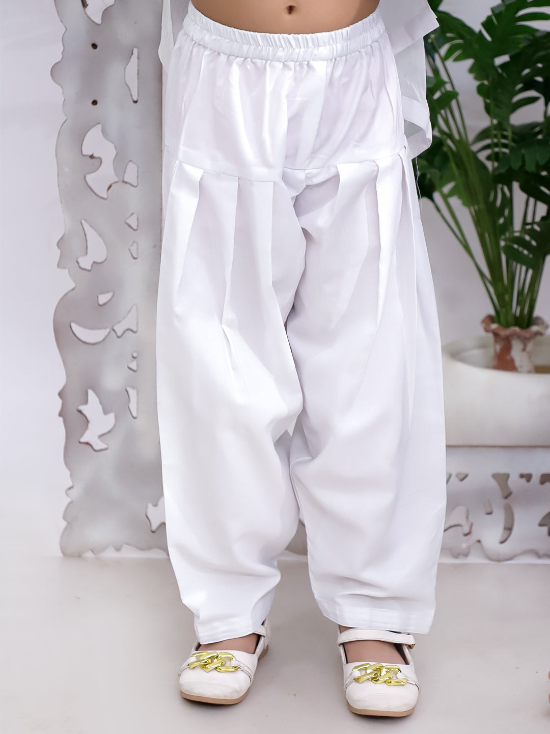 Kid One Chikankari Work Kurti Salwar With Dupatta Set For Girls White