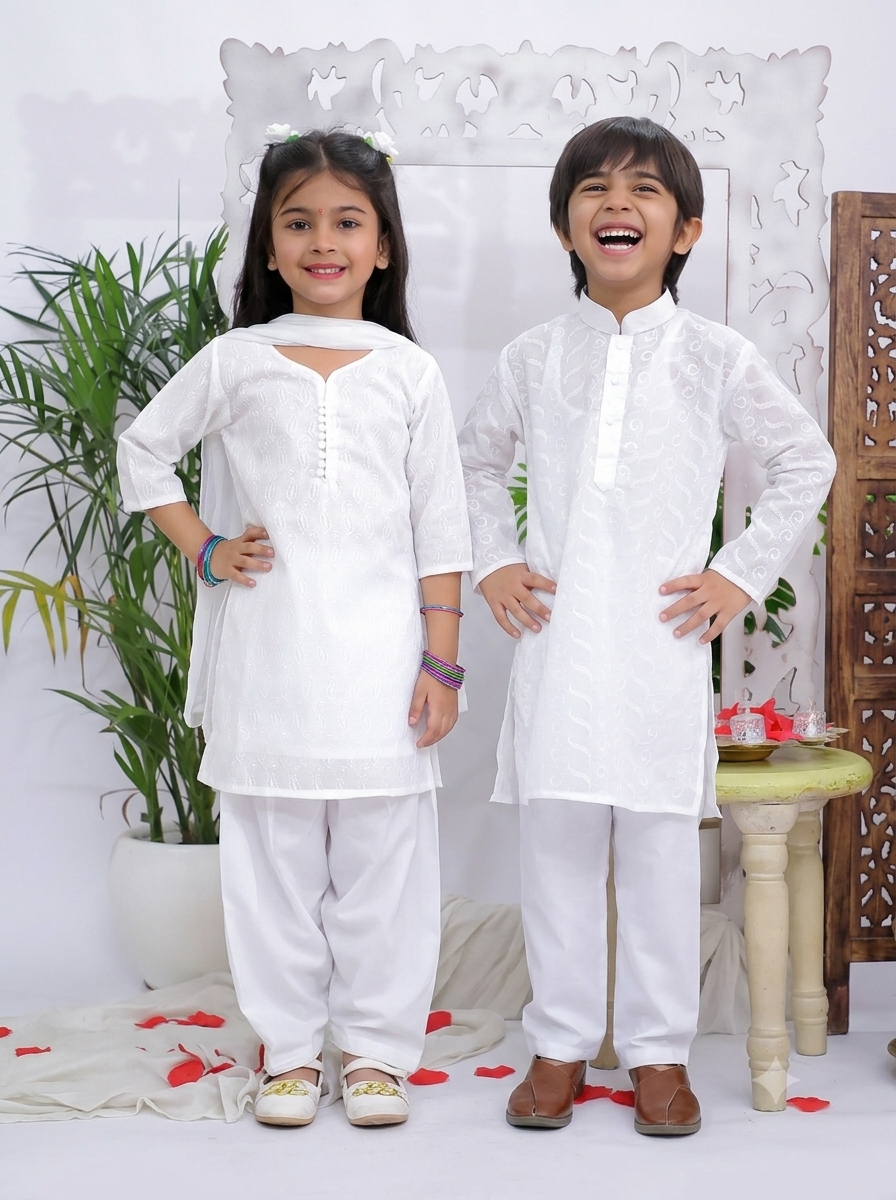 Kid One Chikankari Work Kurti Salwar And Dupatta Set For Girls With Kurta Pyjama Set For Boys - White