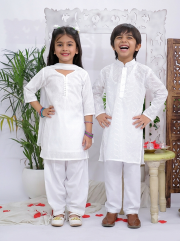 Kid One Chikankari Work Kurti Salwar And Dupatta Set For Girls With Kurta Pyjama Set For Boys - White