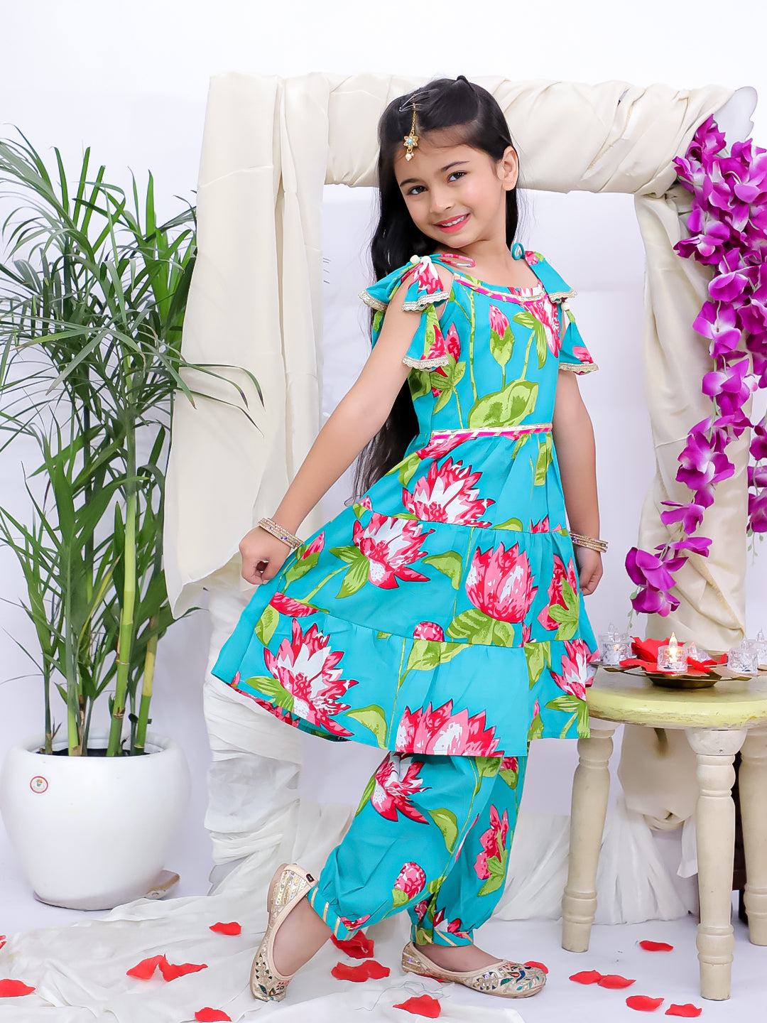 Kid One Floral Peplum Top With Afgani Salwar Set For Girls Turquoise
