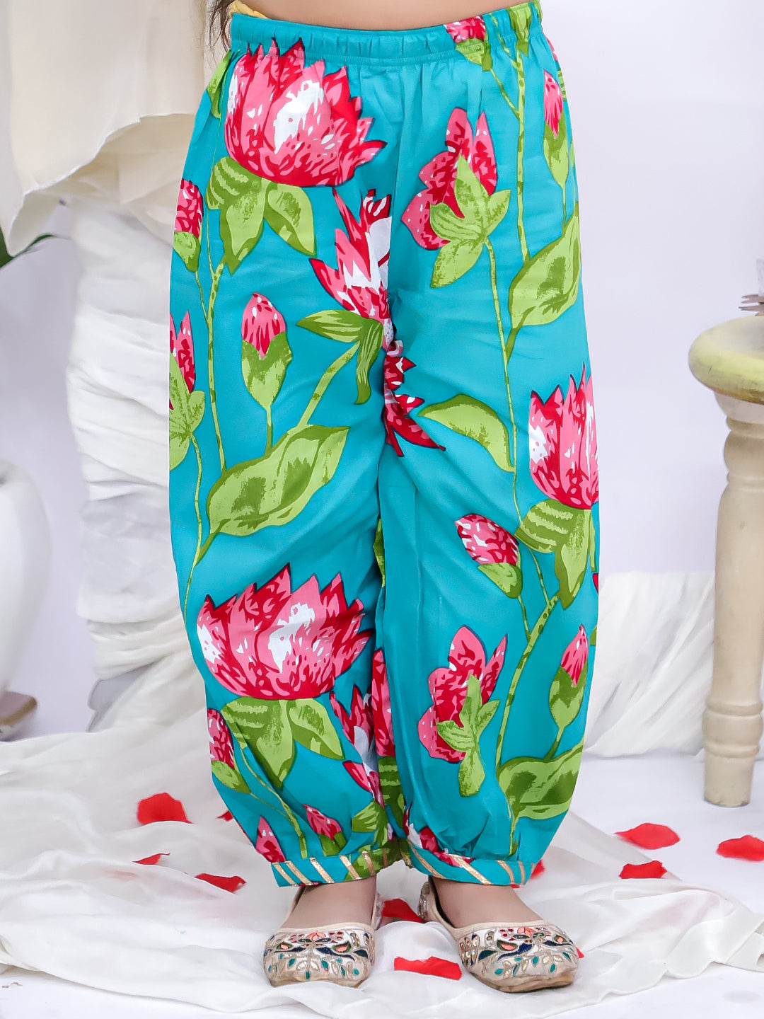 Kid One Floral Peplum Top With Afgani Salwar Set For Girls Turquoise